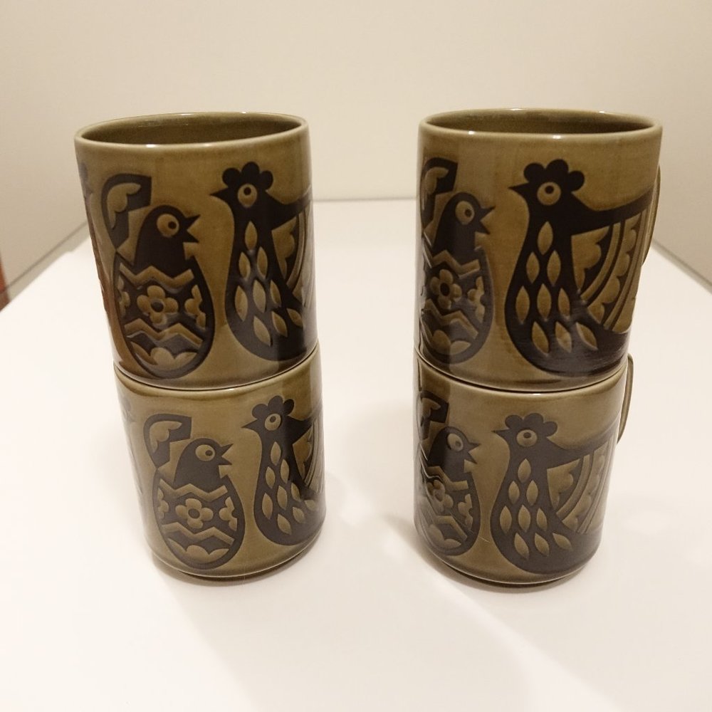 4 Rare Vintage Hornsea England MCM Rooster Chicken Olive Green Mugs 1974 - SOLD - Picture 2 of 6